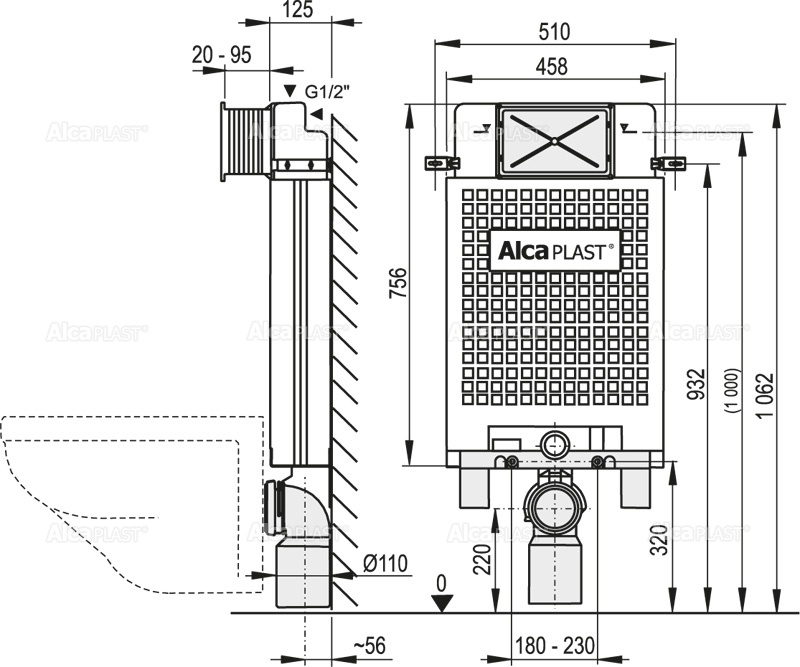 A100/1000E Alcamodul - Линеен сифон с основа за перфорирани решетки